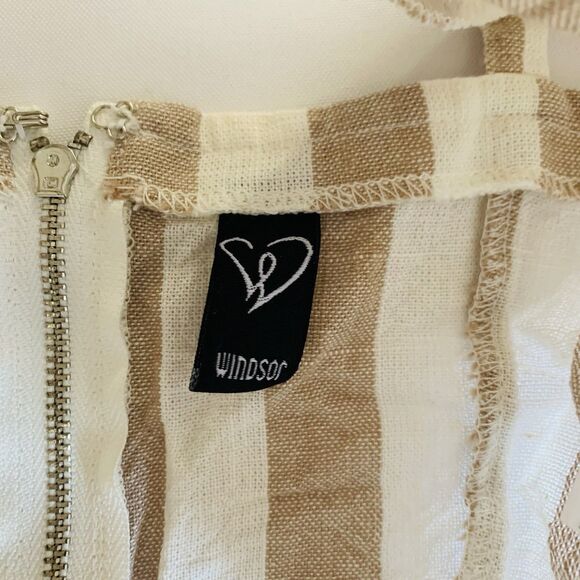 Windsor Linen Crop Top Women S Tan White Stripe Tank Coastal Beach Vacation - Picture 3 of 6